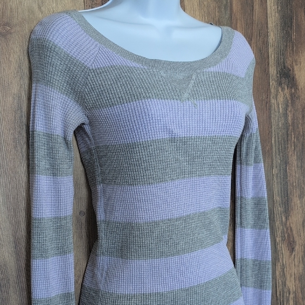 American Eagle Fitted Gray/Lavender Striped Sweater M D383x